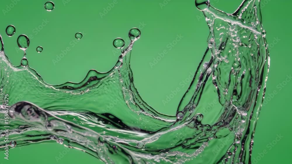 Poster dynamic water splash with droplets and movement on bright green background. liquid motion with trans