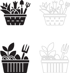 world food day gardening basket icon set vector silhouette outline plants tools