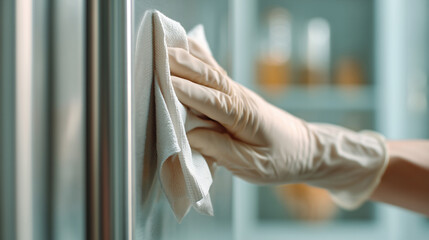 Obraz premium Cleaning and sanitizing a kitchen refrigerator with gloves in a modern home setting