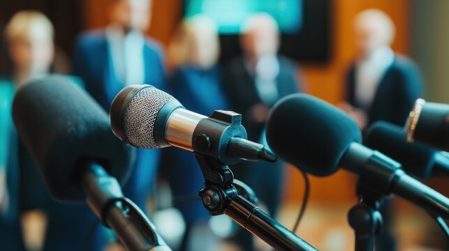Microphones and microphones in a press conference room.