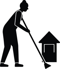 Senior Doing House Chores silhouette vector art illustration