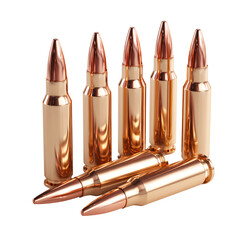 Shiny brass and copper rifle bullets arranged on white background isolated PNG