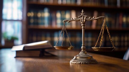 A wooden desk with a brass scale and a book in a library.