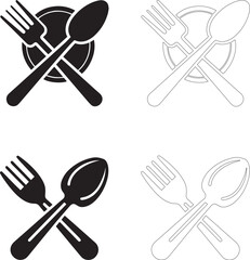 World Food Day Vector Icon Set of Crossed Fork and Spoon With Plate and Without Plate in Solid and Outline Styles
