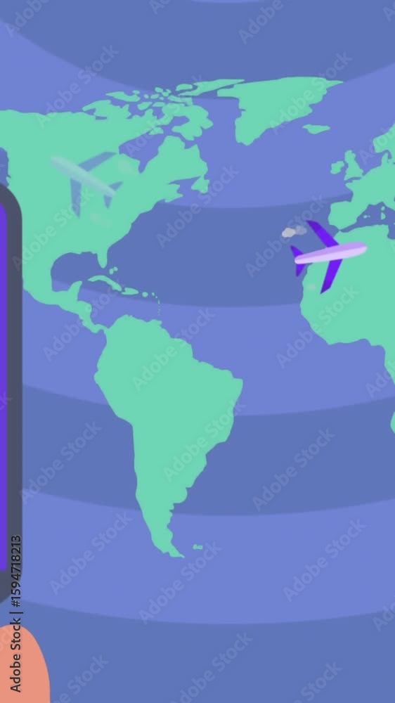 Aufkleber animation of airplanes flying over map and hands rotating globe on digital tablet
