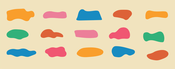 Collection of shapeless shapes, blots, spots. Set of organic figures of irregular shape. Figures with shape deformation. Modern uneven spots. 