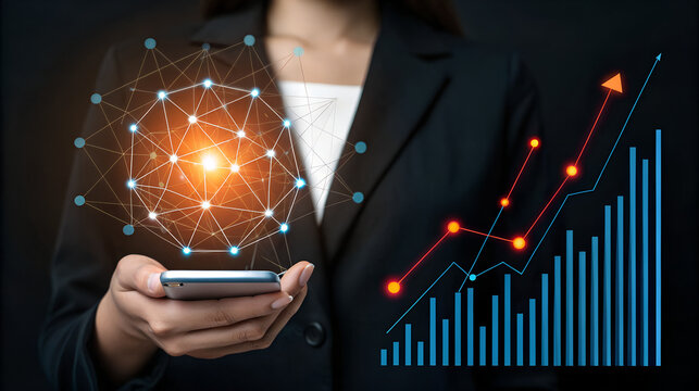 Businesswoman holding smartphone with glowing network and financial growth chart