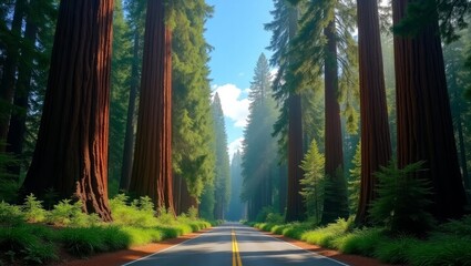 Road through giant redwood trees with blue sky and sunlight