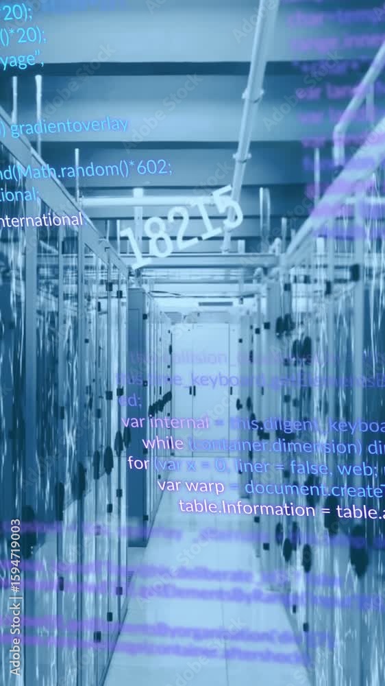 Poster Animation of changing numbers and computer language over connected dots on server racks