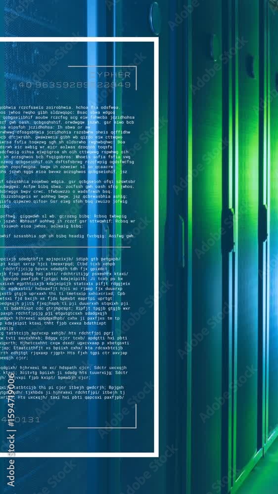Poster animation of loading bars and computer language over data server room