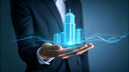 Businessman holding a futuristic glowing blue skyscraper model in his hand