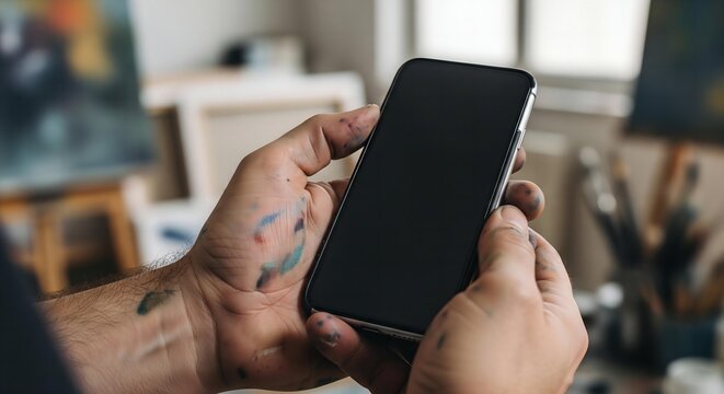 A close-up on the paint-splattered hands of an artist in their studio, holding a phone with a blank screen, with canvases blurred in the background.
