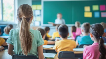 A young girl with a ponytail sitting in a classroom with a teacher in the background.
