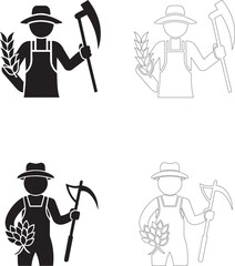World Food Day Vector Icons of Farmer Holding Sickle and Bundles of Wheat (top) and Hops (bottom) in Solid and Outline Styles