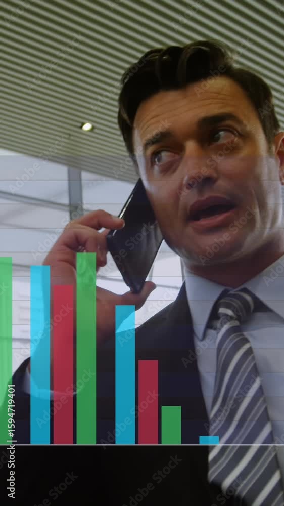 Poster animation of multicolored bar graphs over caucasian man talking on smartphone in office