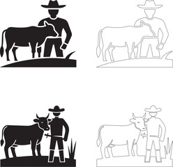 World Food Day Vector Icons of Farmer Next to Cow on Plain Ground and Grass in Solid and Outline Styles