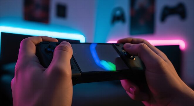 A close-up of a gamer's hands, intensely focused on a handheld gaming console, with a blurred background of a bedroom with neon lights.