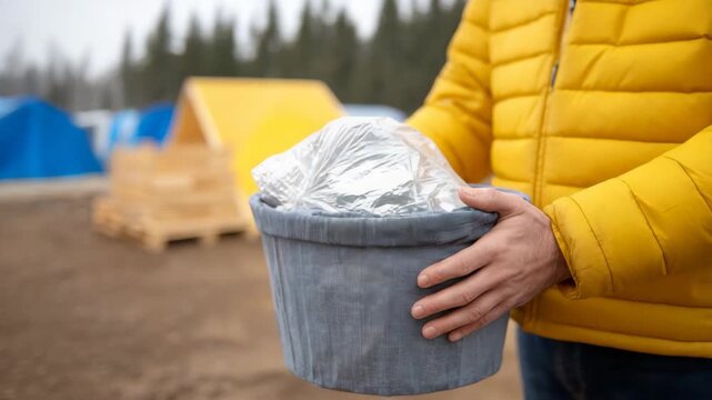A person holding a basket full of supplies, contributing to a project or helping others