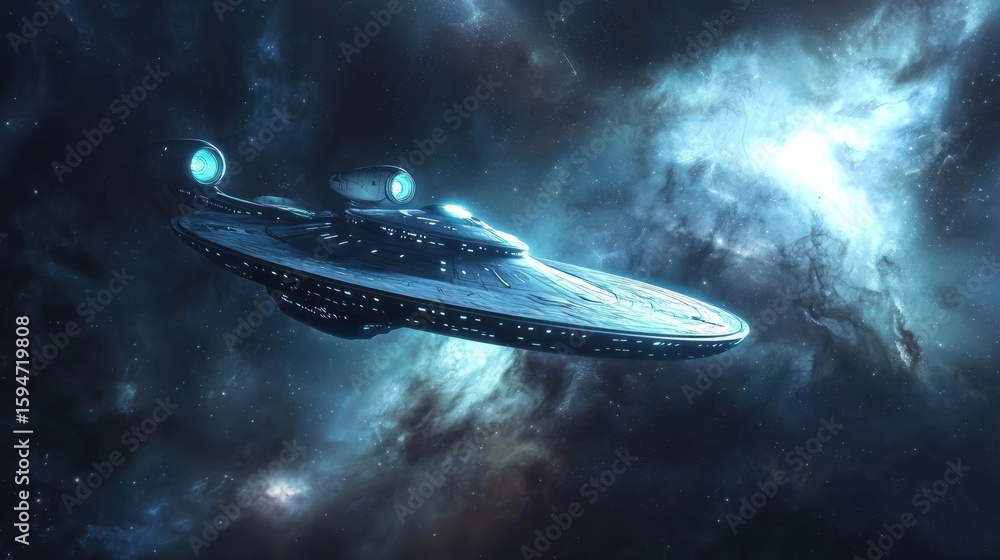 Poster a futuristic spaceship flying through a star field with a nebula in the background.