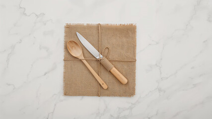 Wooden spoon and knife wrapped in burlap on marble background