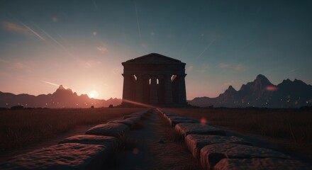 Temple at sunset. Stone path leads into dusk. Majestic