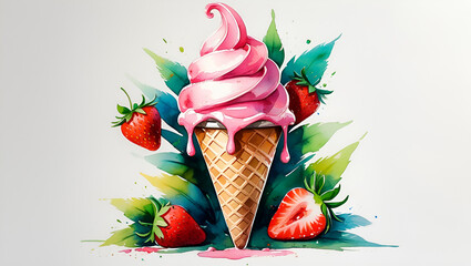 Delicious Three-Dimensional Ice Cream Splash with Waffle Cone, Creamy strawberry  Swirl, and Melting Chocolate – Refreshing Summer Dessert Concept

