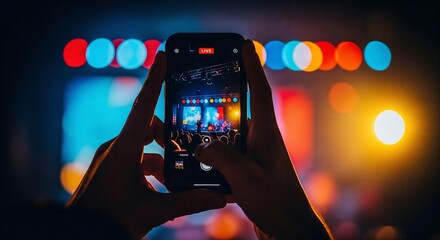 A dramatic close-up of hands holding a smartphone at a concert, with the vibrant, colorful stage lights creating a stunning bokeh in the background.