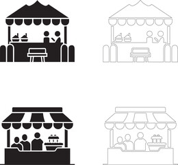 World Food Day Vector Icons of Market Stalls with Canopies Featuring Vendors and Goods in Solid and Outline Styles