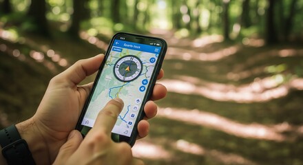 A hiker's hands holding a smartphone, using a compass or GPS app on a forest trail with dappled sunlight in the blurred background.