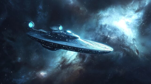 A futuristic spaceship flying through a star field with a nebula in the background.