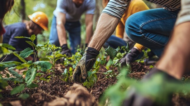 A group of people planting trees in a forest. The activity concept of environmental conservation and community service. - Powered by Adobe