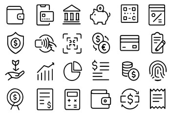 Finance and Fintech UI UX Line Icon Set for Digital Banking, Budgeting, Investment, and Crypto Wallets for Mobile Apps, Web Dashboards, and Fintech Interfaces