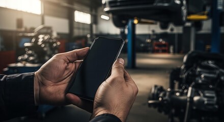 A photorealistic image of a mechanic's greasy hands holding a smartphone with a blank screen, in a beautifully blurred auto repair shop.