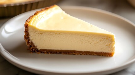 A slice of creamy cheesecake with a golden graham cracker crust served on a white plate.