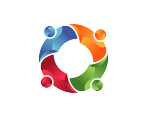 Abstract logo of four colorful human figures in a circular shape symbolizing teamwork, unity, collaboration, and community. Modern gradient design in blue, orange, red, and green.