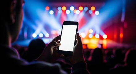 A beautiful mockup of a person holding a phone with a blank screen in a dark concert, with the colorful, out-of-focus stage lights behind.