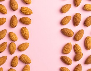 Shelled almonds arranged on a soft pastel pink background providing a bright and clean aesthetic for creative presentations