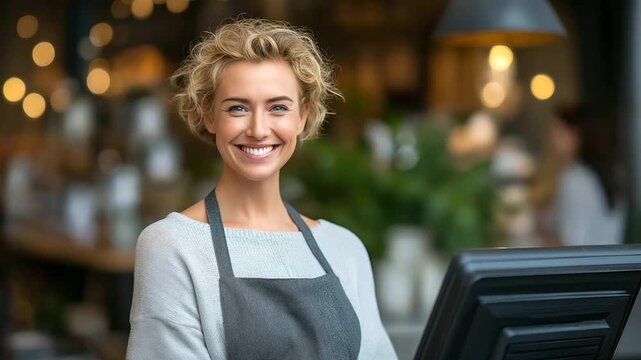 Cheerful small business owner at cash register in warm lighting