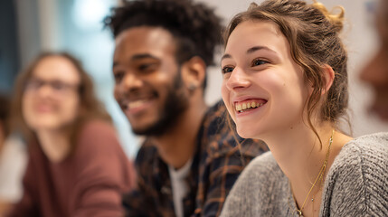 Diverse students smiling in a classroom setting learning