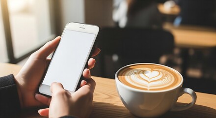 A photorealistic image of a person's hands holding a phone with a blank screen, next to a coffee cup with a beautiful latte art heart.