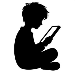 Black and White Vector Silhouette of a Boy Reading an e‑book