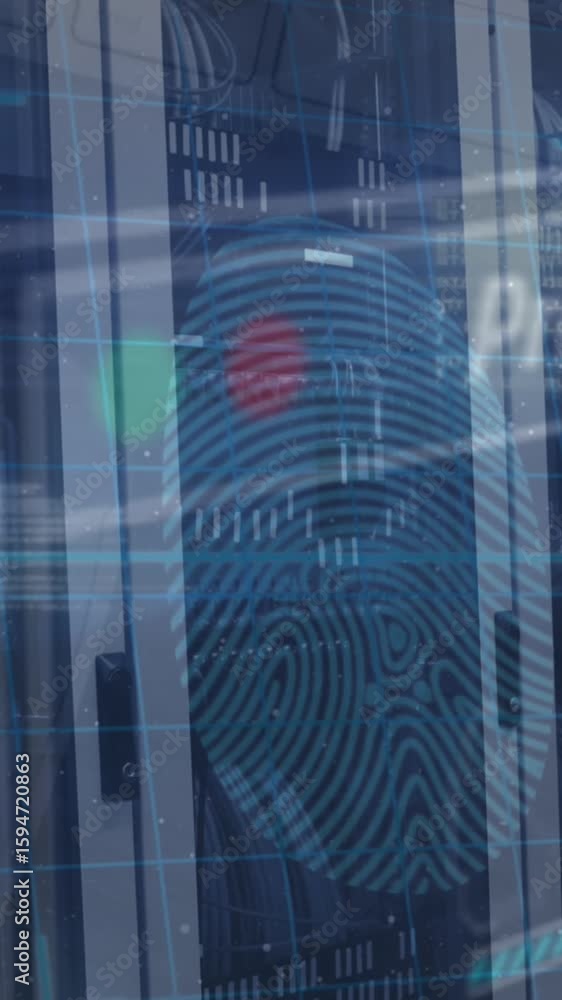 Poster animation of security padlock icon, fingerprint scanner and data processing against server room