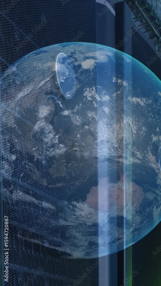 Poster animation of a globe against computer server room