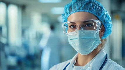 A female healthcare professional wearing a blue cap and mask, standing in a hospital setting.