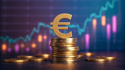 Golden euro symbol perched atop stacked coins against blurred financial chart background