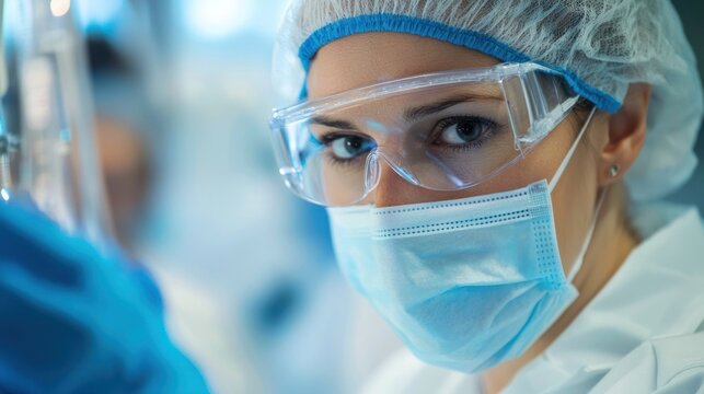 A female scientist wearing a lab coat and protective gear, examining a test tube in a laboratory setting.