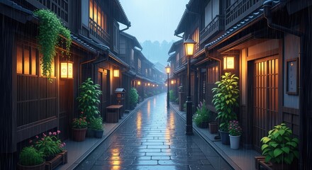 Fototapeta premium Rainy evening alleyway in traditional japanese town