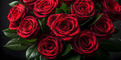 Red Roses with Dew on Petals Against Moody Dark Background"