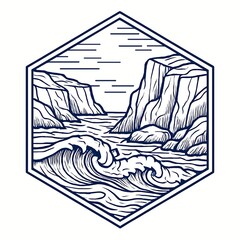 Fototapeta premium Striking linear illustration featuring ocean waves, cliffs, and a rocky shore set within a bold hexagon shape.