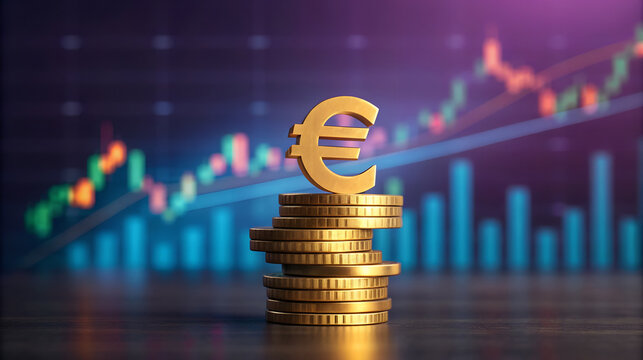 Golden euro symbol perched atop stacked coins against financial chart background